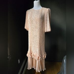 Pierre Labiche Paris/New York Vintage Blush Pleated Drop-Waist Ruffle Midi Dress